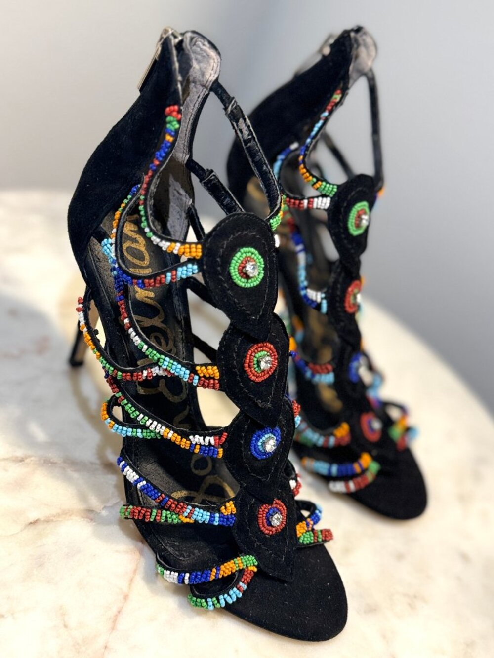 Sam Edelman Strappy Beaded High Heel Black Sandals - Picture 2 of 5